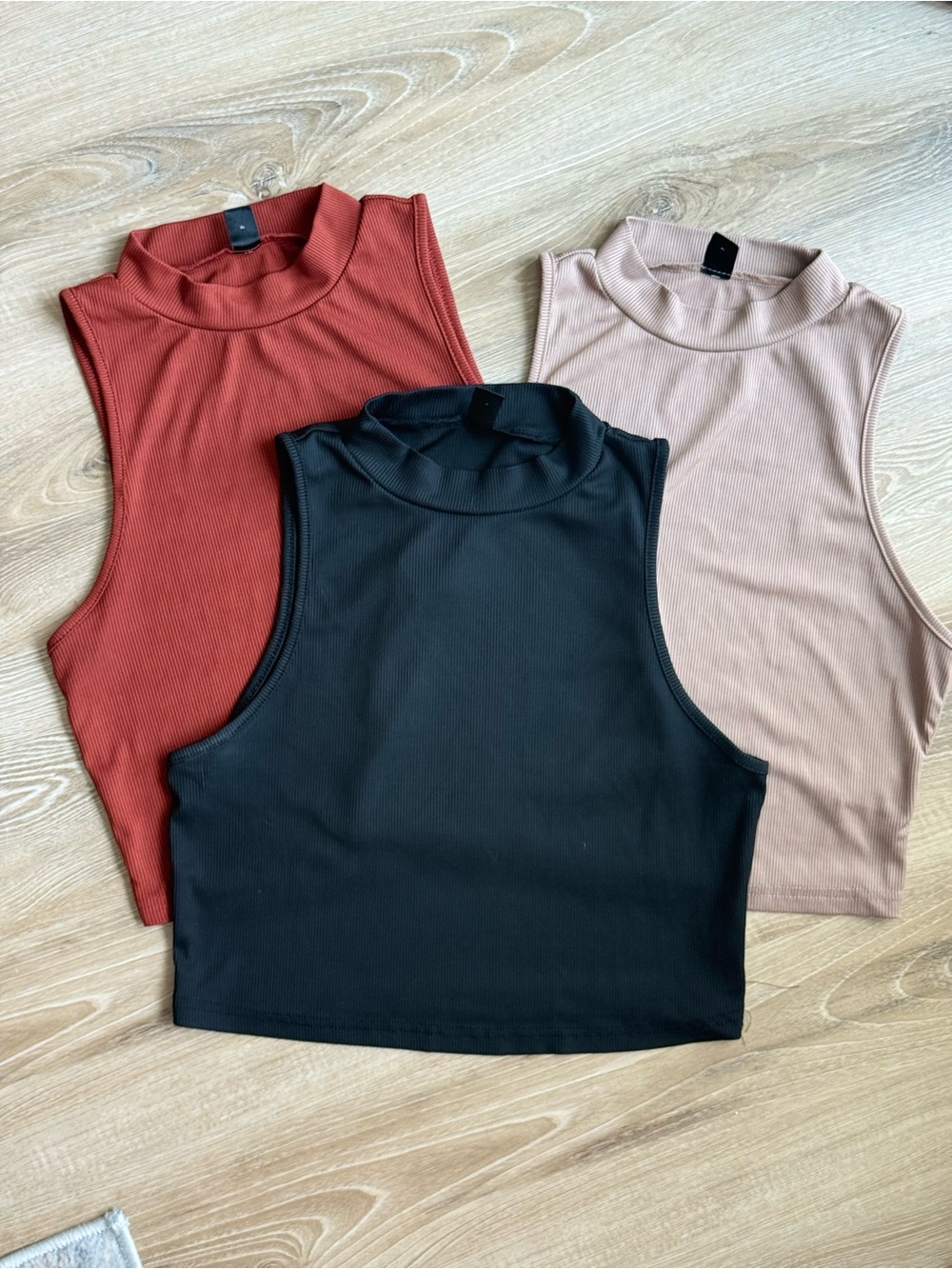 SHEIN Ribbed Sleeveless Mock Neck Crop Top - Black, Rust, Blush